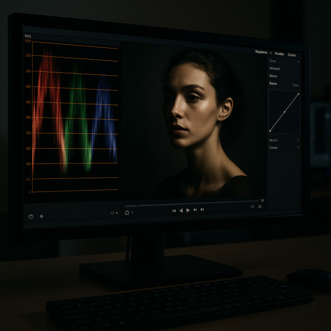monitor showing RGB parade during skin-tone retouching