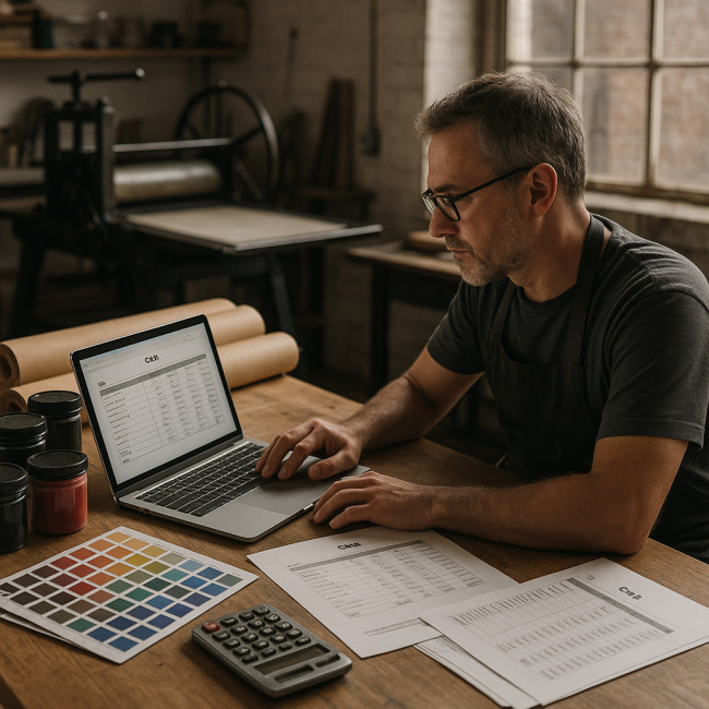 Printmaker calculating production budget at studio desk