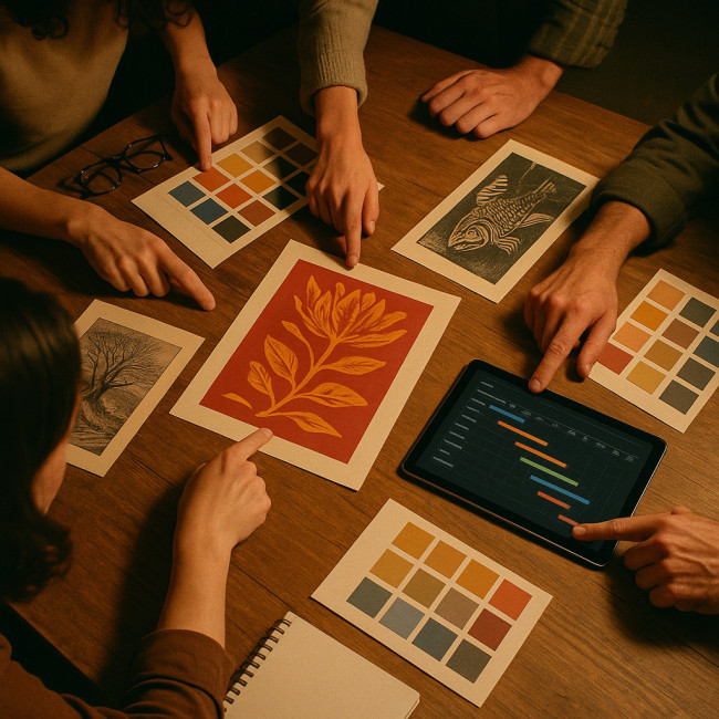 Creative team reviewing print technique samples