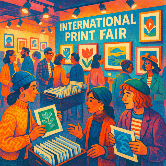 Illustration of a lively print fair booth