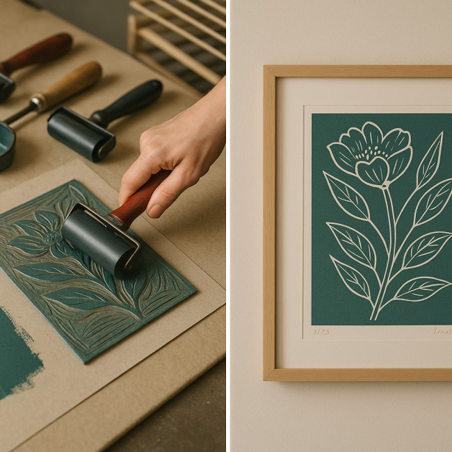 printmaker inking block beside framed final print