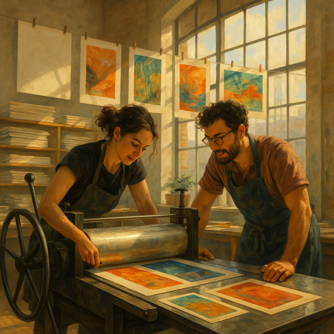 Two printmakers collaborate on a large etching press