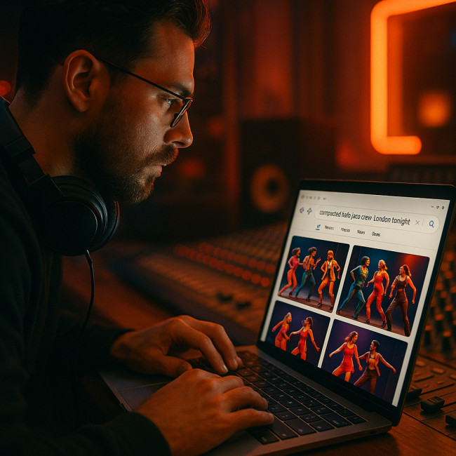 producer searching jazz dance niche on laptop