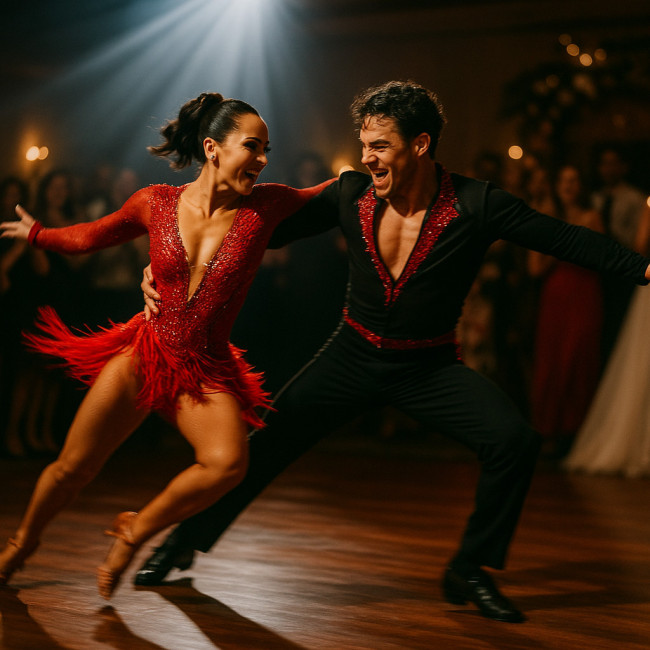 Professional salsa duo performs energetic routine on stage