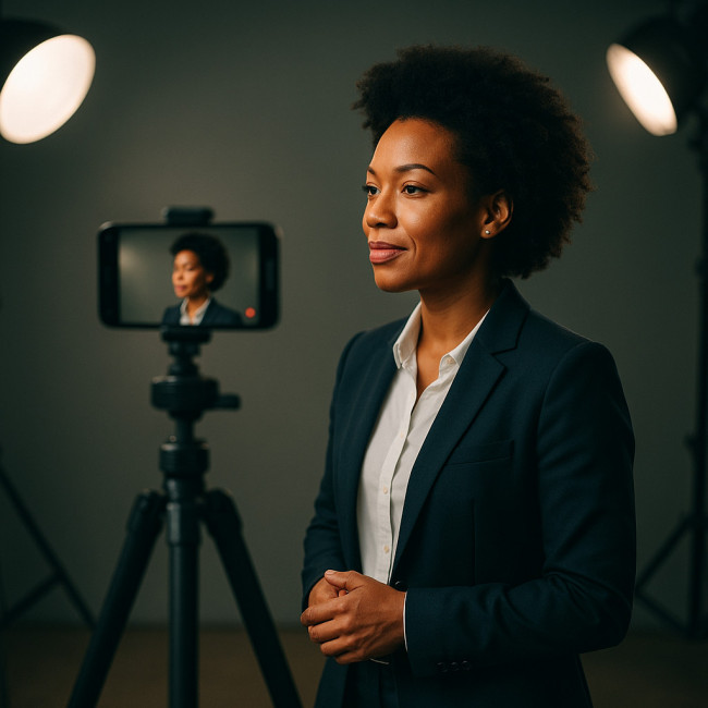 Performer filming a profile video in a well-lit studio