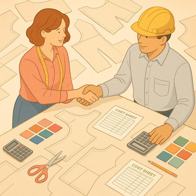 Designer and factory manager sealing a profit-split deal