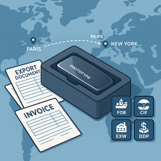 Prototype packed for international shipping with documents
