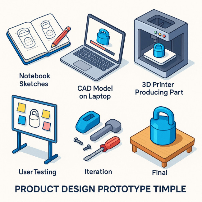Infographic showing six-step prototype timeline from idea to final model