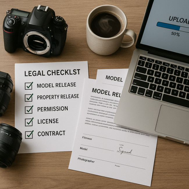 Desk with legal checklist and camera gear