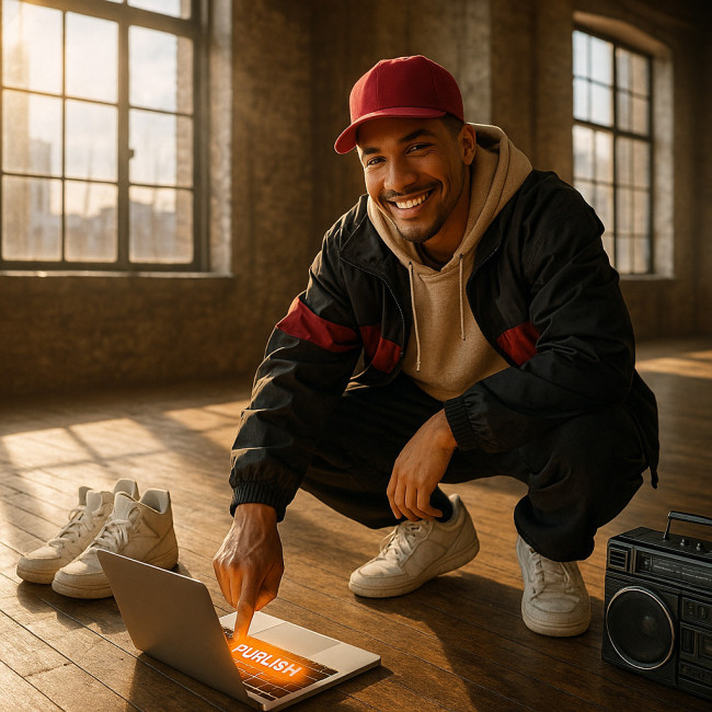 Hip-hop dancer publishing profile on laptop