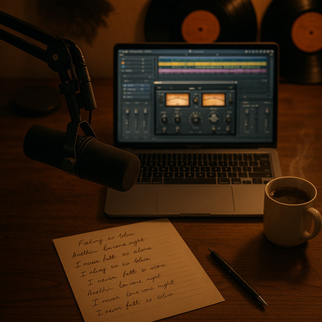 Home studio desk with SM7B and DAW for blues production