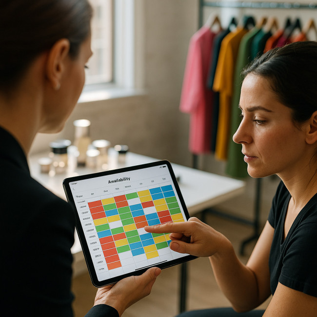 Recruiter and makeup artist check live booking calendar on tablet
