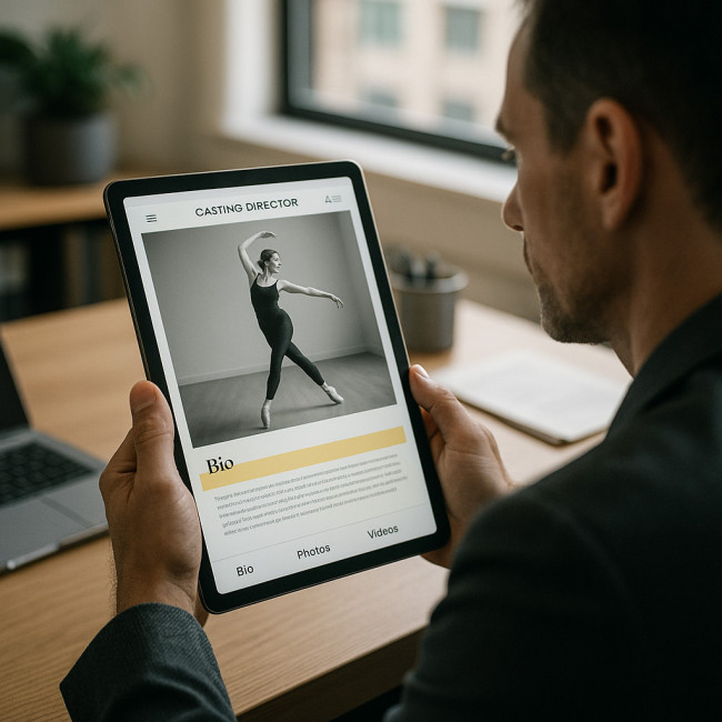 recruiter reading dancer bio on tablet