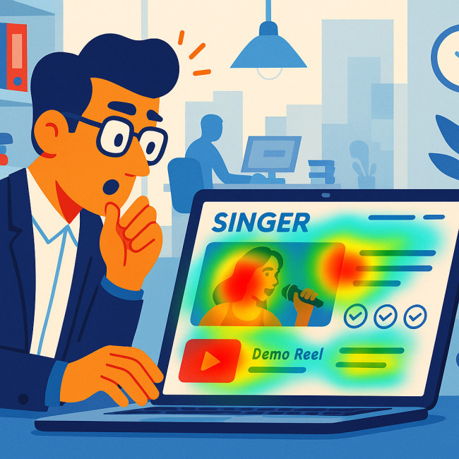 Recruiter scanning singer portfolio with heatmap focus