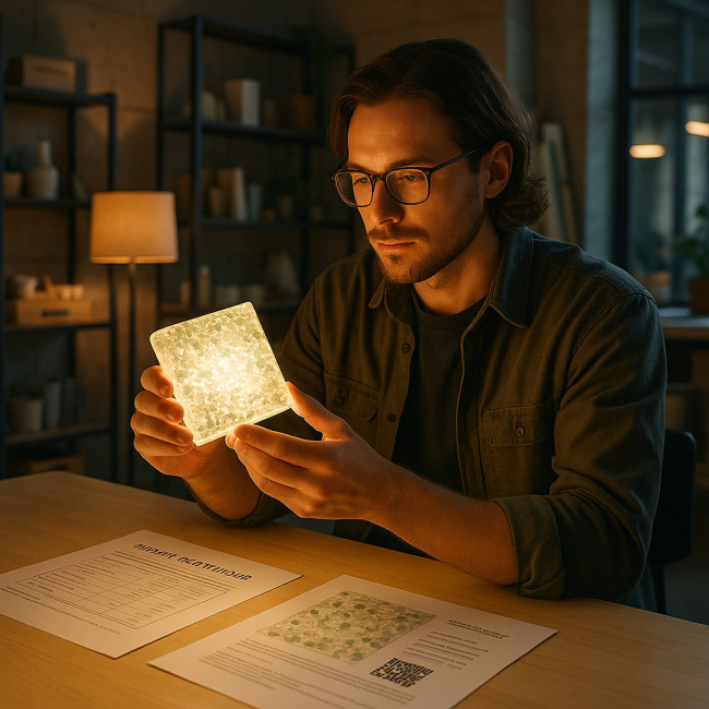 Designer reviewing recycled glass sample and certificates