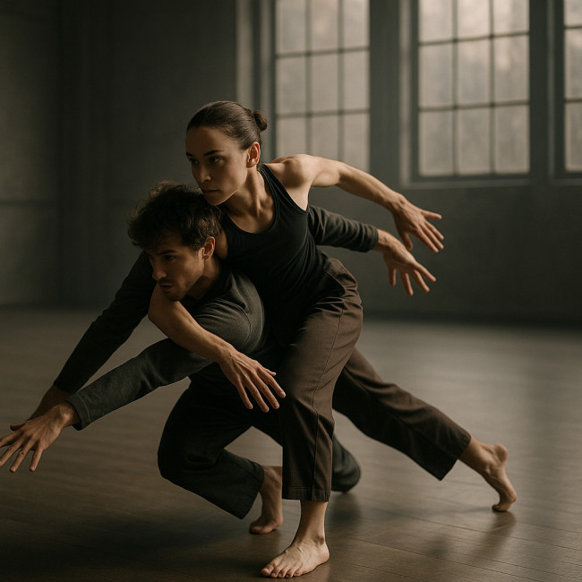 Contemporary dancers practicing a weight-share exit in a studio