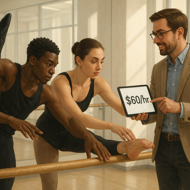 Producer reviewing rehearsal pay rates with dancers in studio
