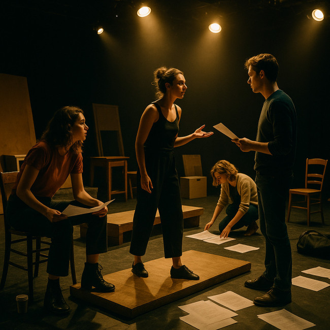 Actors rehearsing on a dimly lit black-box stage during showcase preparation