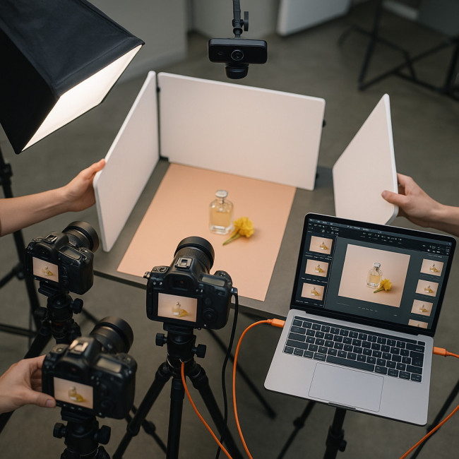 Overhead view of a remote still life photography set streaming live