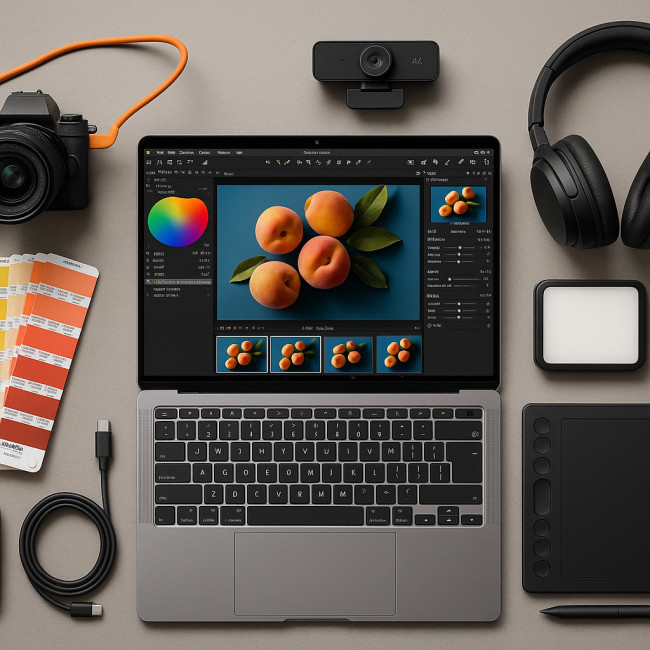 Flat lay of essential remote art direction gear for still life shoots