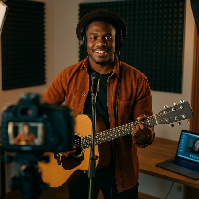 Performer in a home studio set-up during a remote audition