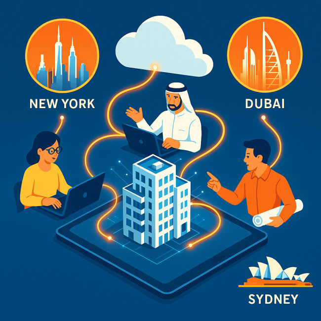 isometric illustration of remote BIM collaboration across global cities