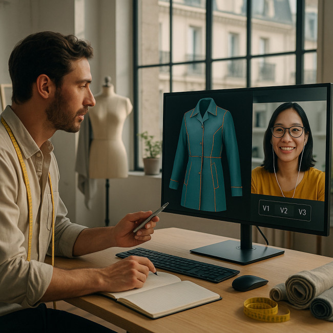 Designers reviewing 3D garment pattern together online