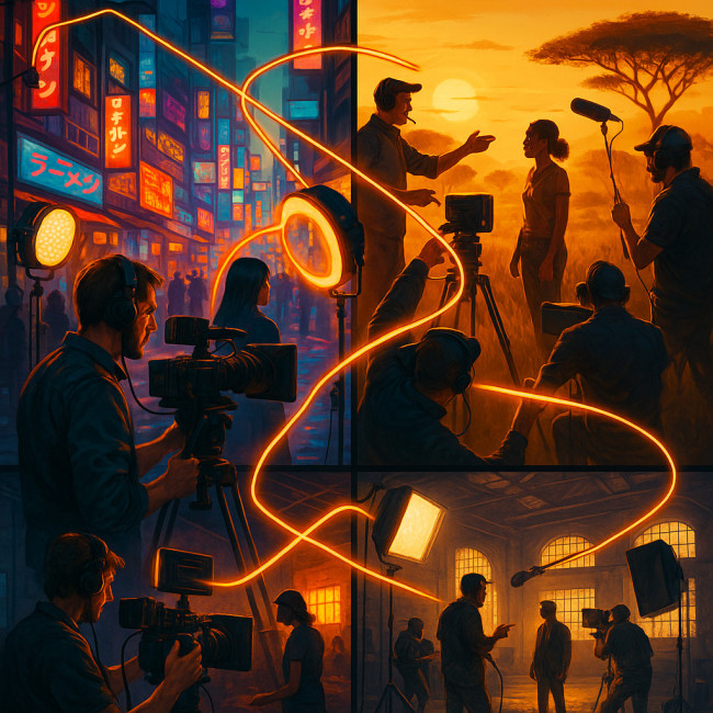 Multi-location film crew collaboration illustration