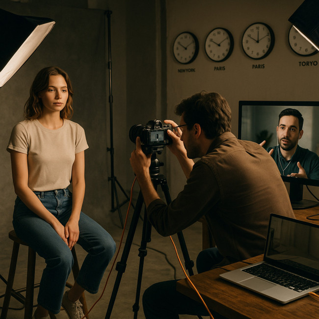 Remote art director guiding a live tethered portrait shoot