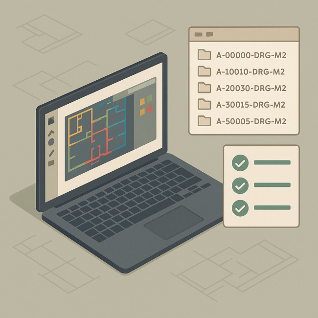CAD screen with well-named files and onboarding checklist