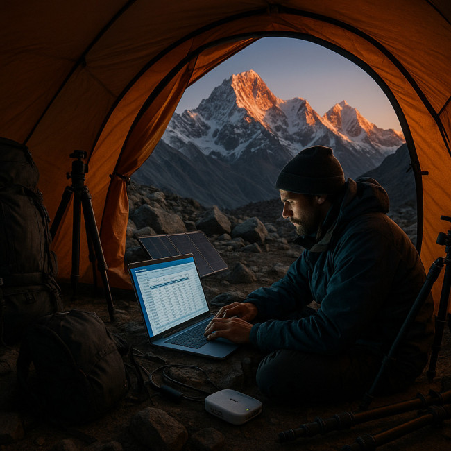 Base camp tent with laptop budget planner and camera gear