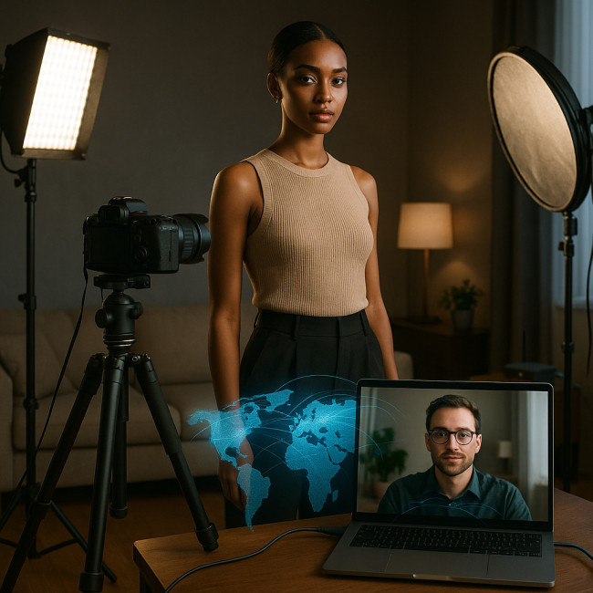 model conducts remote photo shoot via laptop