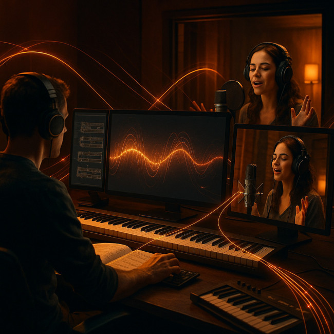 Composer and singer collaborating remotely on a soundtrack