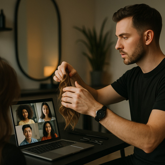 Hair stylist on video call with global clients