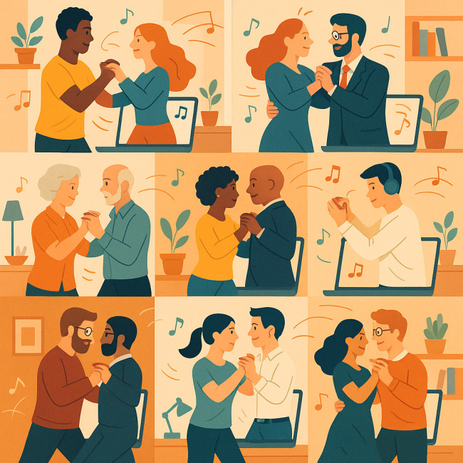 Remote employees dancing tango together via video calls