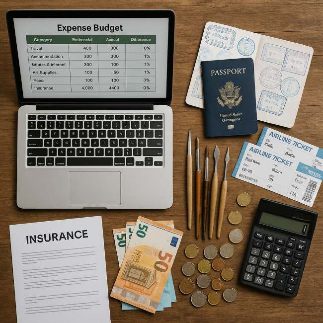 Flat lay of budgeting items for an international art residency