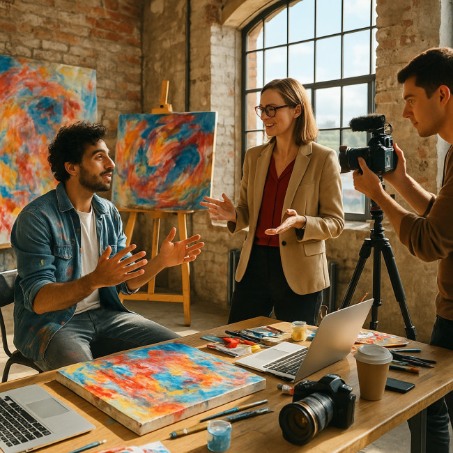 Artist networking with curator in bright residency studio