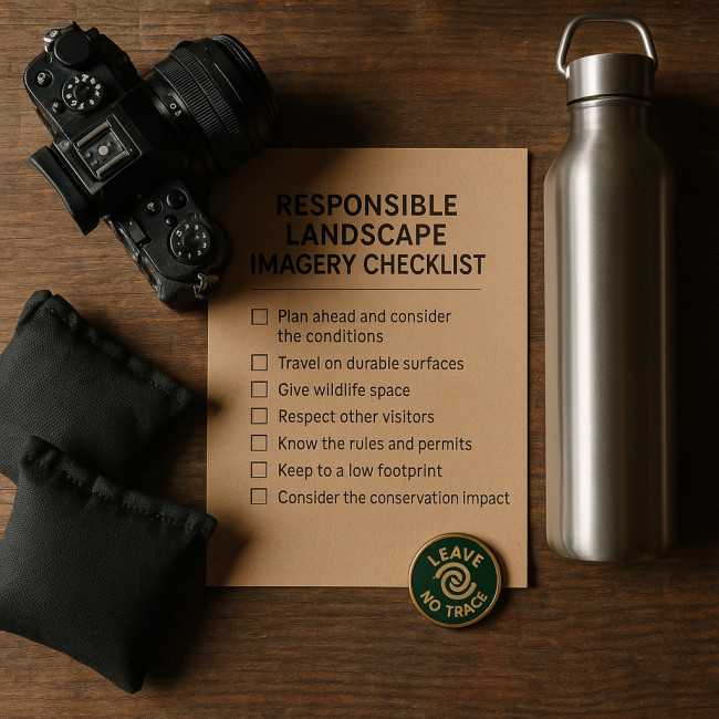 Flat-lay of ethical photography gear and checklist