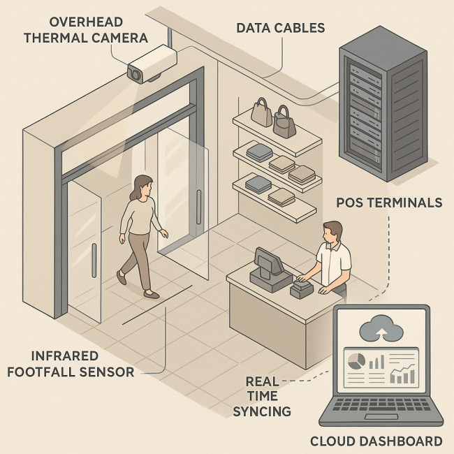 isometric illustration of retail entrance sensors counting footfall