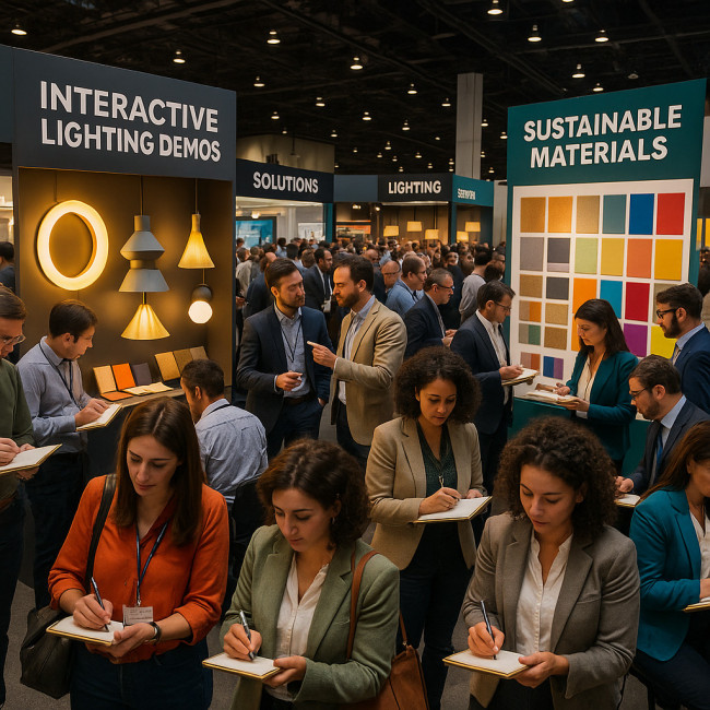 visual merchandisers exploring a busy trade show floor