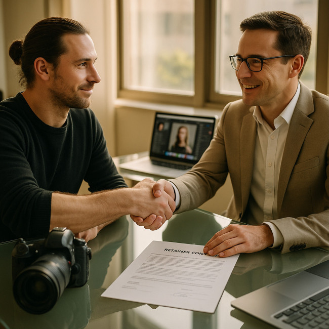 Creative freelancer and brand manager sealing a retainer contract with a handshake