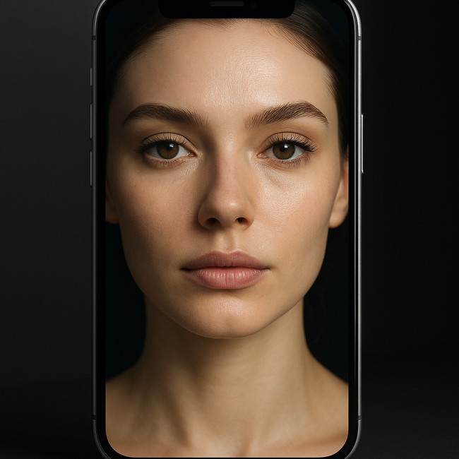 Close-up of a model portrait on a smartphone retina display