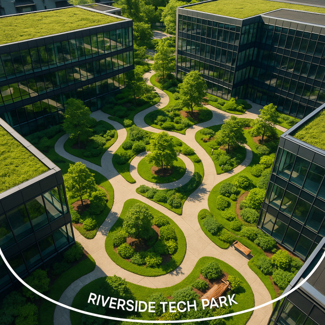 Isometric render of Riverside Tech Park green courtyard