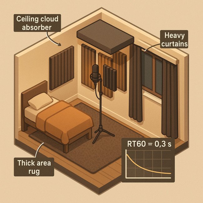 Bedroom studio with acoustic treatment panels