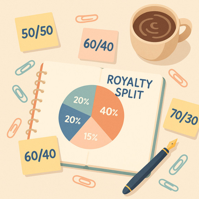 Notebook with royalty split pie chart and annotations