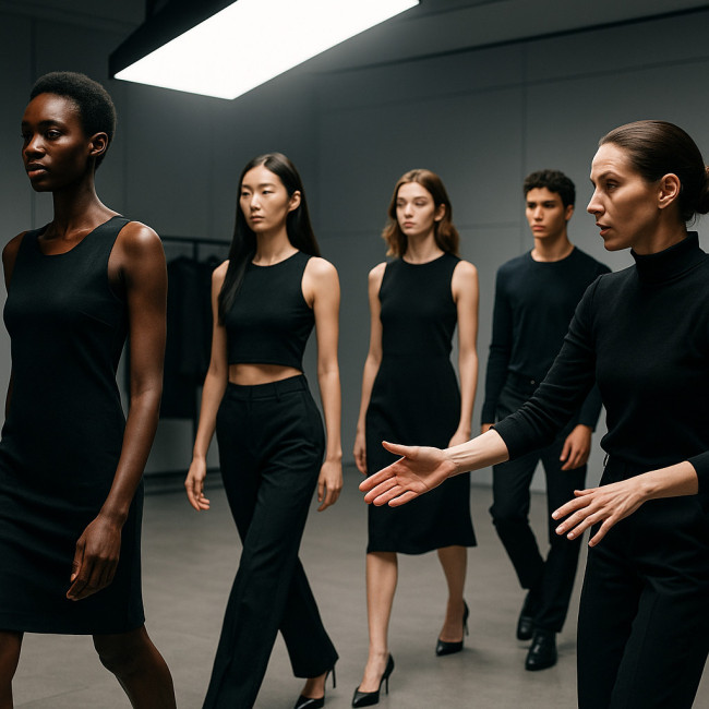 Aspiring models rehearsing catwalk with a professional coach