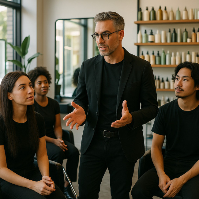art director mentoring stylists in a salon