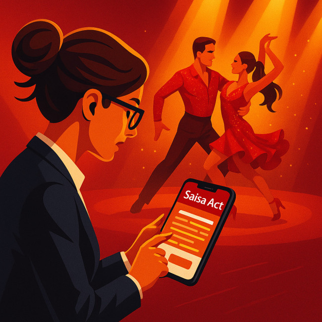 Event planner scanning salsa act description on phone while salsa dancers perform