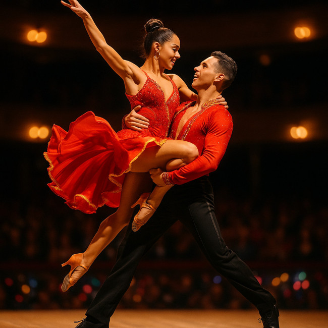 salsa dancer duo performing dramatic lift on stage
