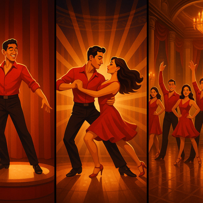 Illustration of salsa solo, duo and troupe performance tiers